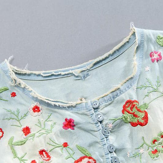 Elegant pure cotton blouse trendy plus size Embroidery Women Summer Short Sleeve Casual Loose Denim Tops STP180712