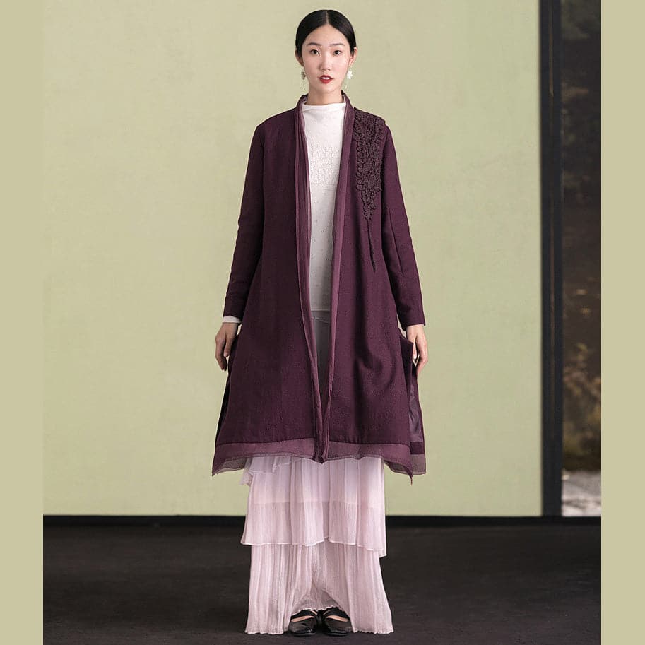 Elegant purple wool overcoat Loose fitting embroidery Winter coat patchwork jacket TCT181116