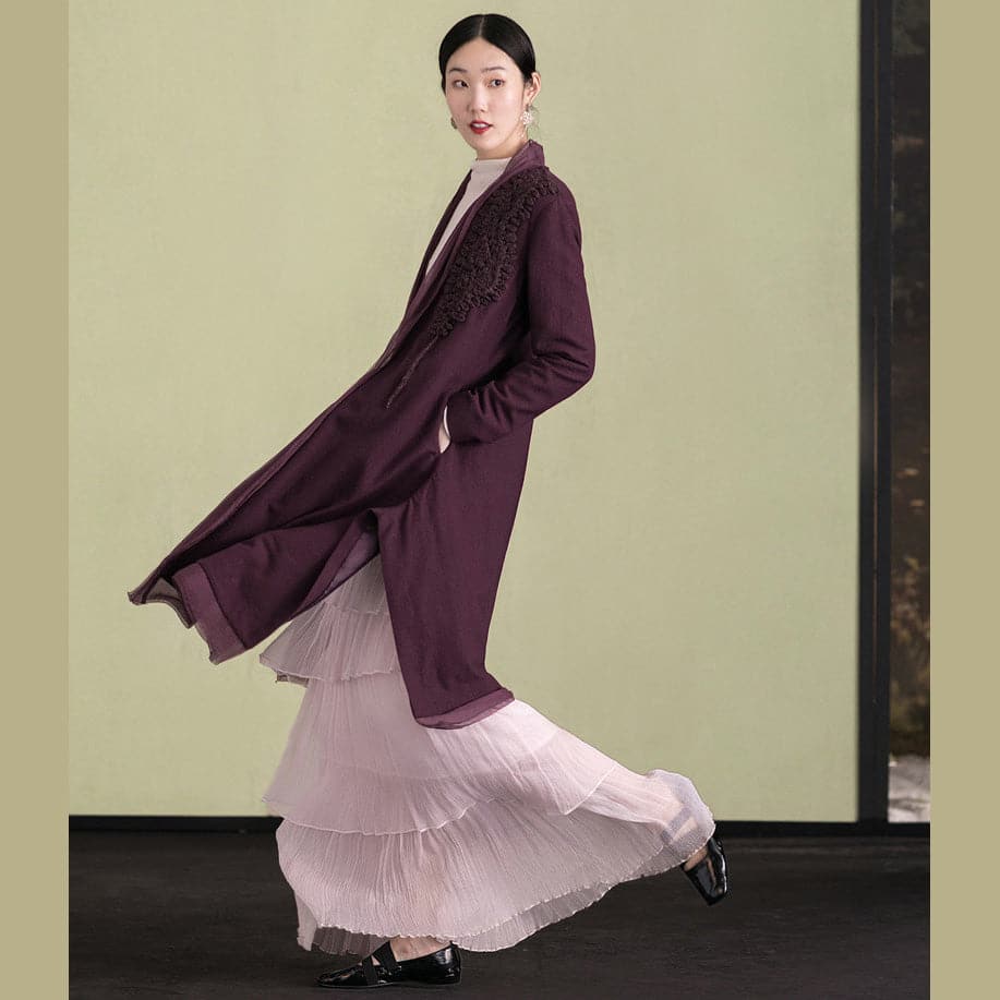 Elegant purple wool overcoat Loose fitting embroidery Winter coat patchwork jacket TCT181116
