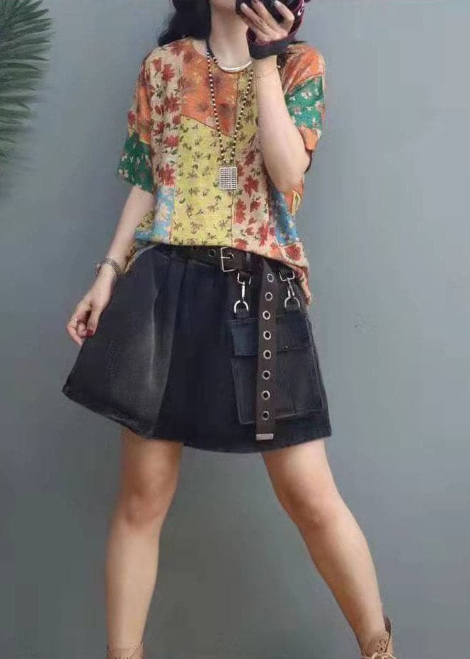 Elegant Print O-Neck Cotton Top Short Sleeve GK-STP210720