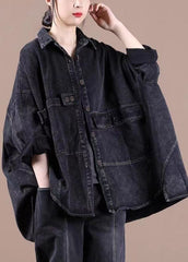 Fashion Black Loose Button Patchwork asymmetrical design Fall Denim Long sleeve Blouse Tops BSJK-CTS211013