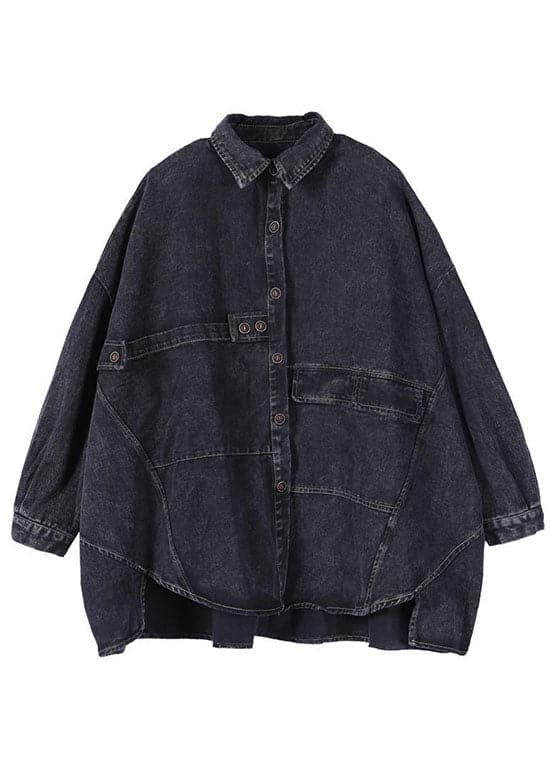 Fashion Black Loose Button Patchwork asymmetrical design Fall Denim Long sleeve Blouse Tops BSJK-CTS211013