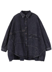 Fashion Black Loose Button Patchwork asymmetrical design Fall Denim Long sleeve Blouse Tops BSJK-CTS211013