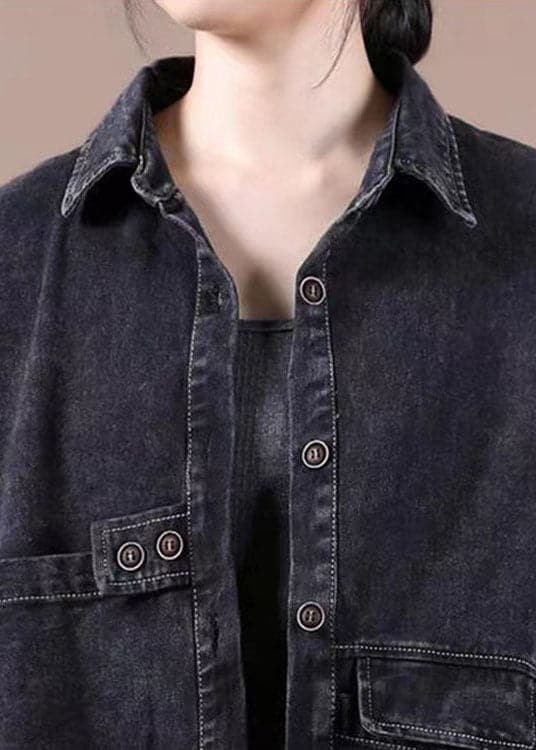 Fashion Black Loose Button Patchwork asymmetrical design Fall Denim Long sleeve Blouse Tops BSJK-CTS211013