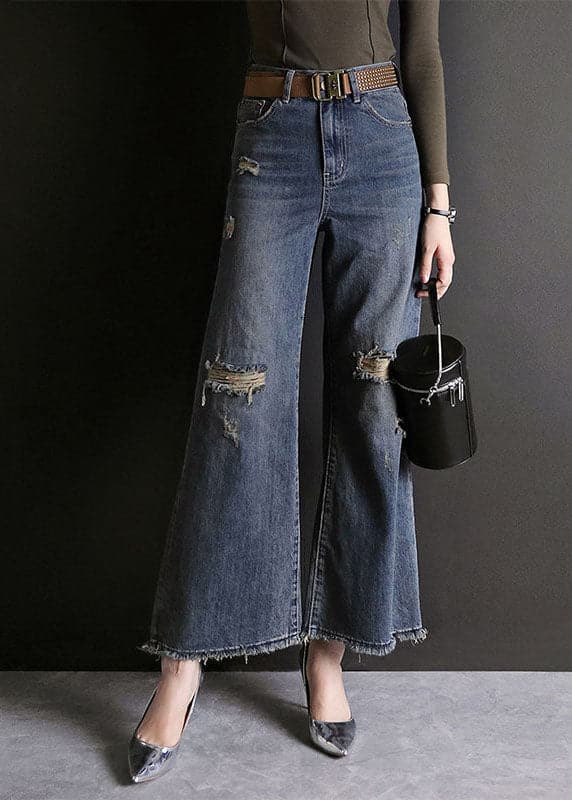 Fashion Blue High Waist Hole Pockets Cotton Denim Flare Pants Summer NZ-LPTS220715