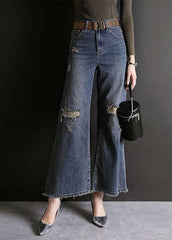 Fashion Blue High Waist Hole Pockets Cotton Denim Flare Pants Summer NZ-LPTS220715