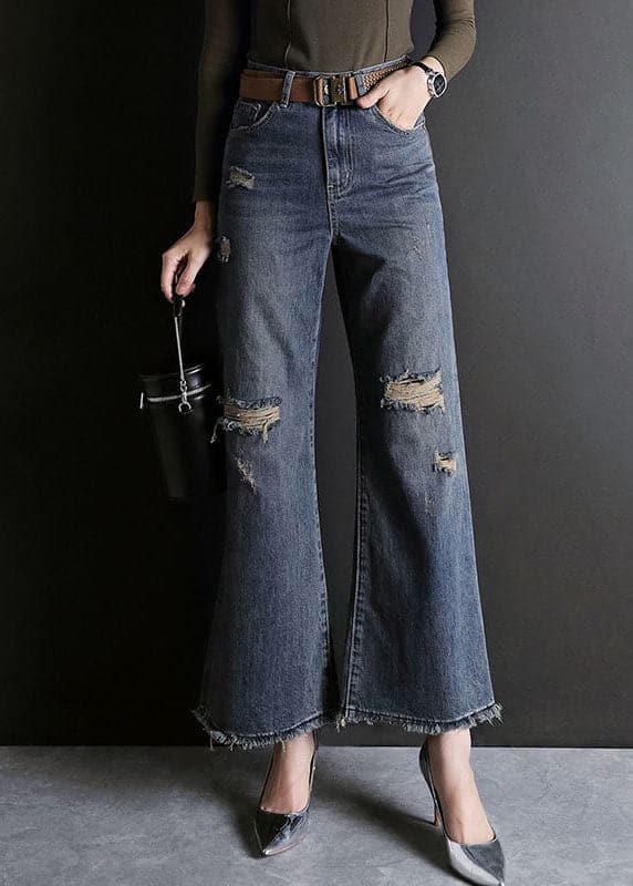 Fashion Blue High Waist Hole Pockets Cotton Denim Flare Pants Summer NZ-LPTS220715
