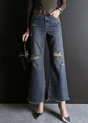 Fashion Blue High Waist Hole Pockets Cotton Denim Flare Pants Summer NZ-LPTS220715