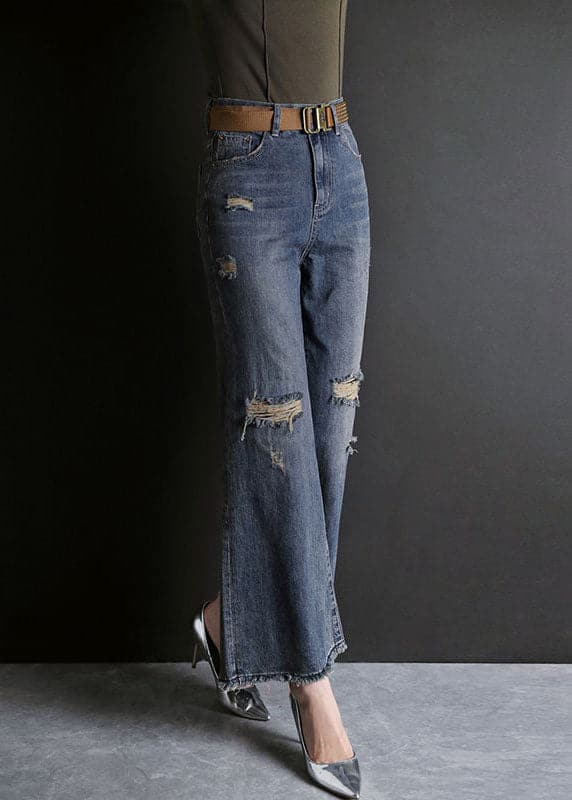 Fashion Blue High Waist Hole Pockets Cotton Denim Flare Pants Summer NZ-LPTS220715