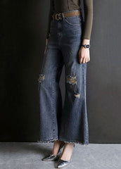 Fashion Blue High Waist Hole Pockets Cotton Denim Flare Pants Summer NZ-LPTS220715