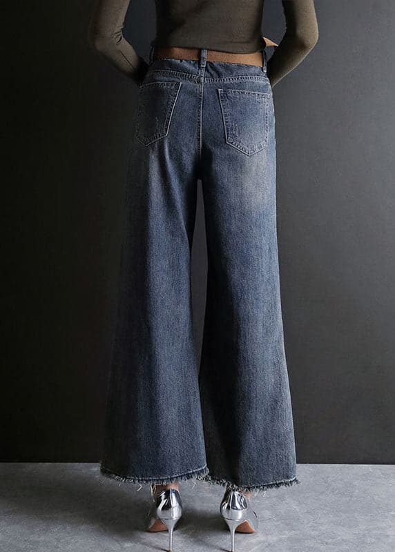 Fashion Blue High Waist Hole Pockets Cotton Denim Flare Pants Summer NZ-LPTS220715