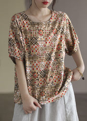Fashion Blue O-Neck Original Design Print Linen Tank Short Sleeve GK-STP220509