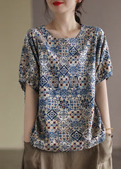 Fashion Blue O-Neck Original Design Print Linen Tank Short Sleeve GK-STP220509