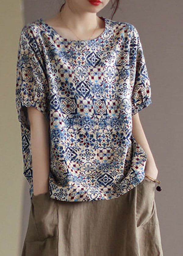 Fashion Blue O-Neck Original Design Print Linen Tank Short Sleeve GK-STP220509