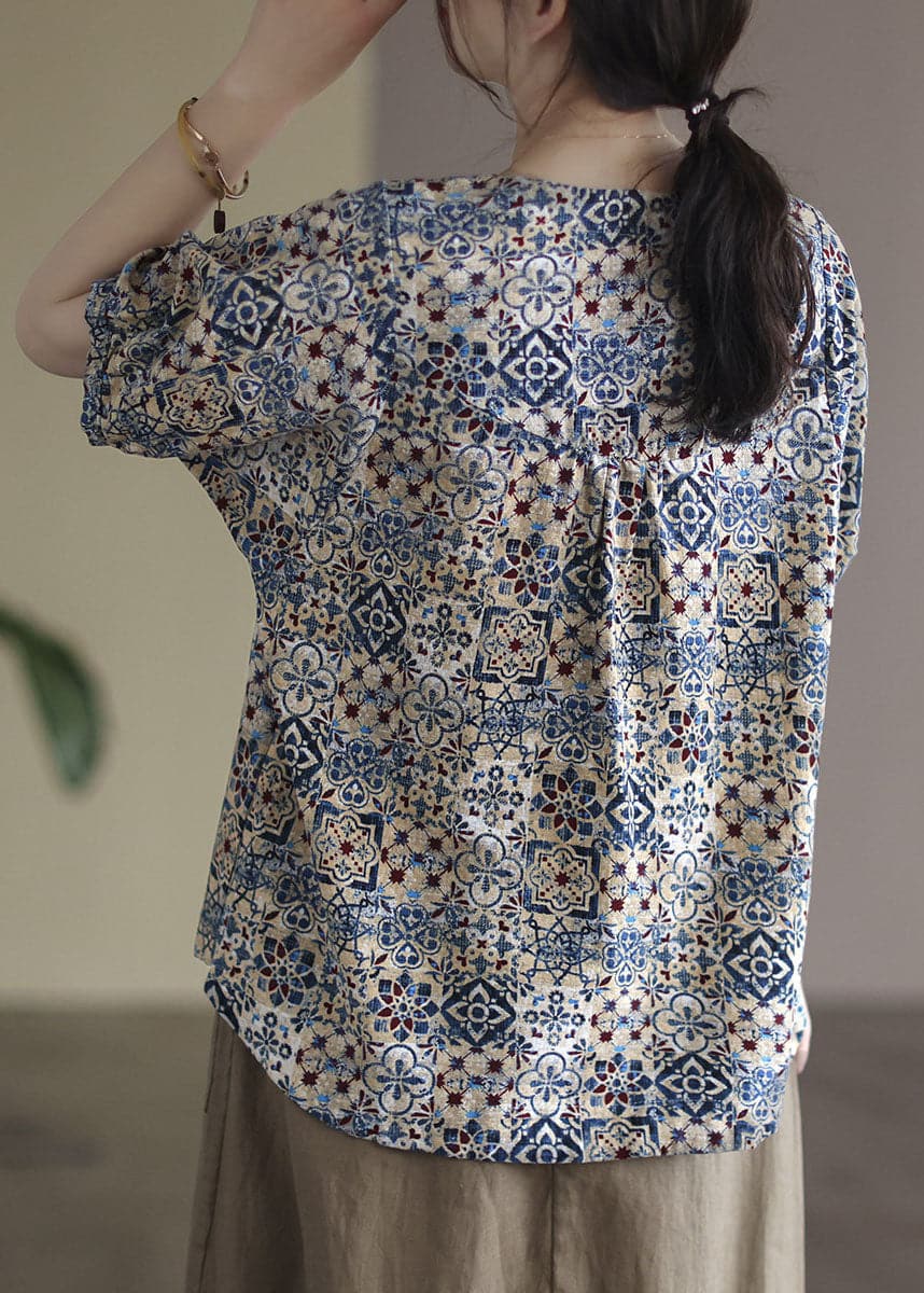 Fashion Blue O-Neck Original Design Print Linen Tank Short Sleeve GK-STP220509