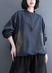Fashion Blue Stand Collar Pockets drawstring Denim Tops Spring YLHC-LTP220318