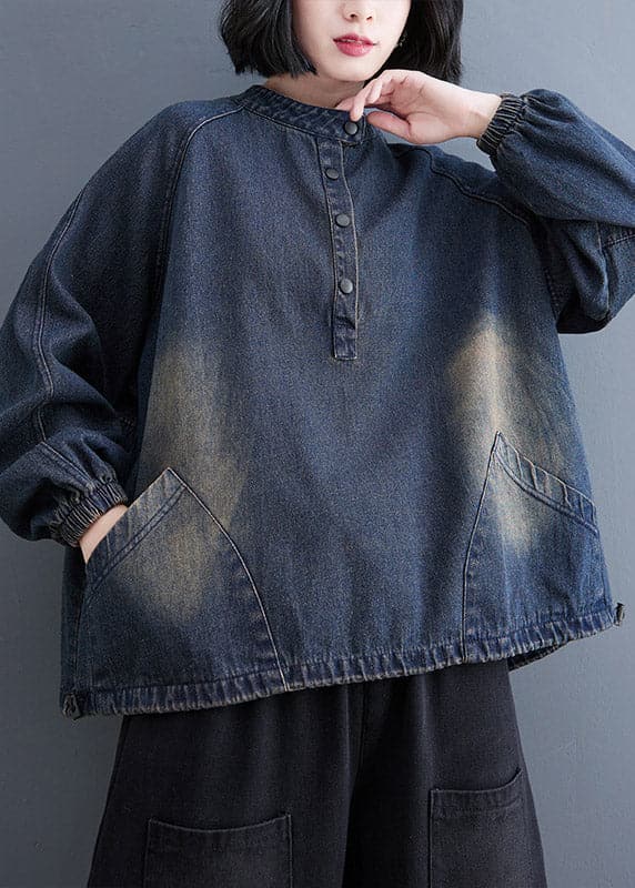 Fashion Blue Stand Collar Pockets drawstring Denim Tops Spring YLHC-LTP220318