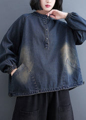 Fashion Blue Stand Collar Pockets drawstring Denim Tops Spring YLHC-LTP220318