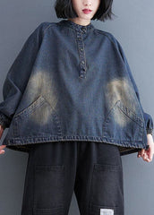 Fashion Blue Stand Collar Pockets drawstring Denim Tops Spring YLHC-LTP220318