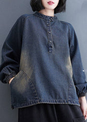 Fashion Blue Stand Collar Pockets drawstring Denim Tops Spring YLHC-LTP220318