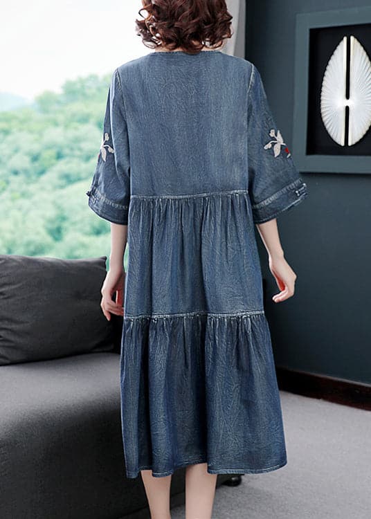 Fashion Blue V Neck Embroideried Cotton Holiday Denim Dress Half Sleeve NZ-FDL220304