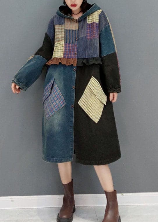 Fashion Blue button Hooded Pockets Patchwork denim Coats Spring JDML-CTS220129