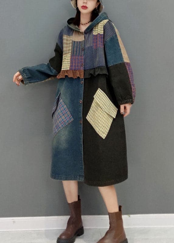 Fashion Blue button Hooded Pockets Patchwork denim Coats Spring JDML-CTS220129
