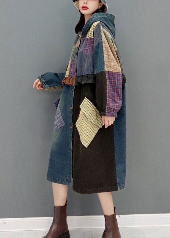 Fashion Blue button Hooded Pockets Patchwork denim Coats Spring JDML-CTS220129