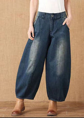 Fashion Denim Blue High Waist Pockets Patchwork Cotton Harem Pants Spring nz-LPTS220526