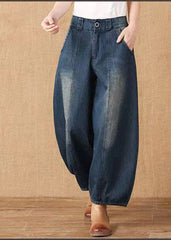 Fashion Denim Blue High Waist Pockets Patchwork Cotton Harem Pants Spring nz-LPTS220526