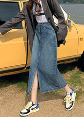 Fashion Denim Blue High Waist Side Open Cotton A Line Skirt Summer nz-SKTS220524