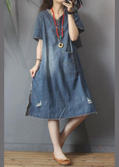 Fashion Denim V Neck side open Dress Summer MMZ-SDL210525