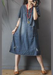 Fashion Denim V Neck side open Dress Summer MMZ-SDL210525