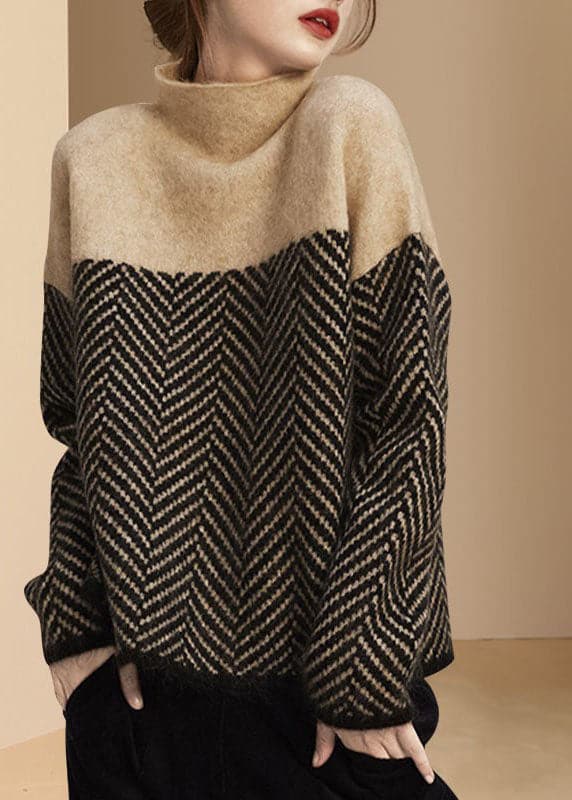 Fashion Khaki Turtle Neck Patchwork Knit Pullover Winter BSNIT-NTP211201