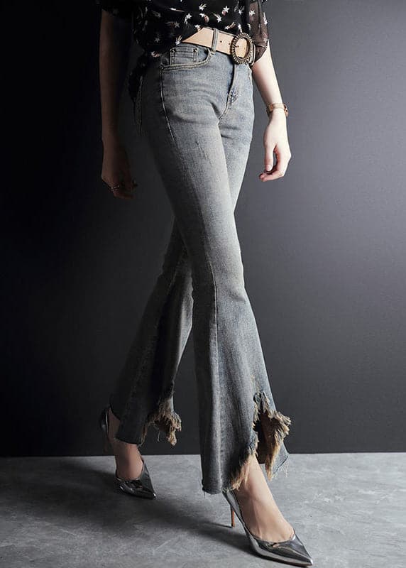 Fashion Light Blue Asymmetrical Pockets Cotton Denim Flare Pants Summer NZ-LPTS22060701