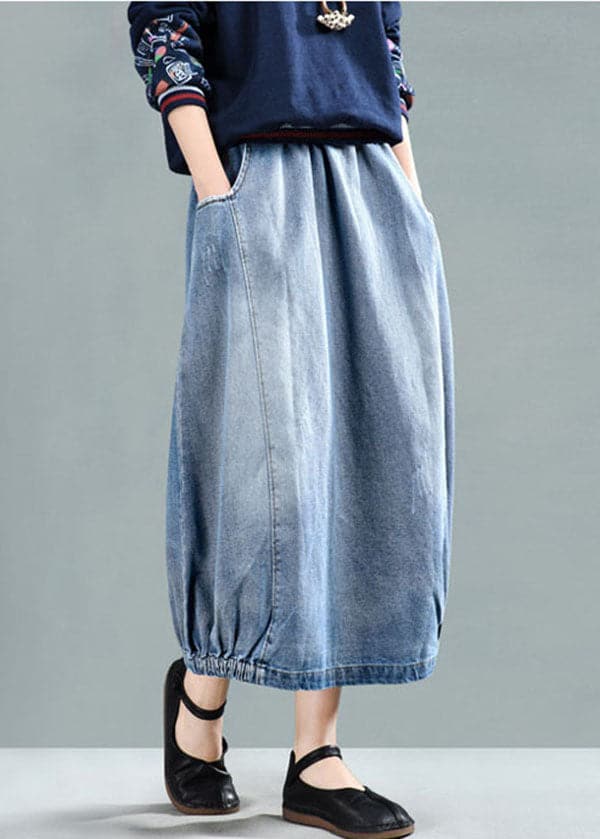 Fashion Light Blue Elastic Waist Pockets Cotton Denim Skirt Summer gk-SKTS220503