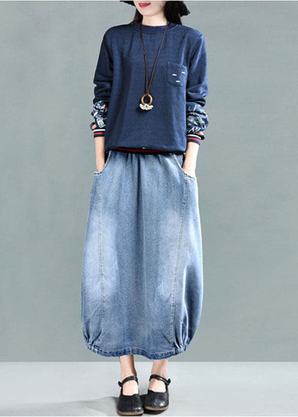 Fashion Light Blue Elastic Waist Pockets Cotton Denim Skirt Summer gk-SKTS220503