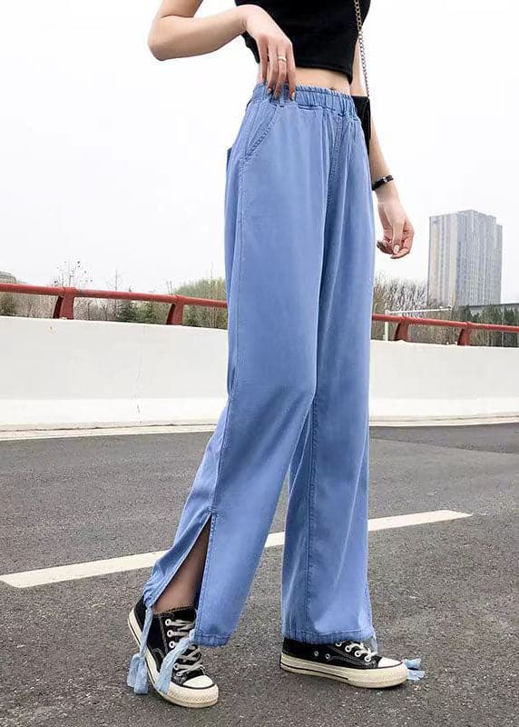 Fashion Light Blue Elastic Waist Side Open Drawstring Cotton Denim Pants Summer NZ-LPTS220715