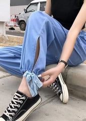 Fashion Light Blue Elastic Waist Side Open Drawstring Cotton Denim Pants Summer NZ-LPTS220715