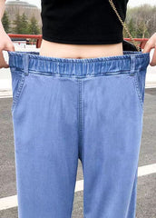 Fashion Light Blue Elastic Waist Side Open Drawstring Cotton Denim Pants Summer NZ-LPTS220715