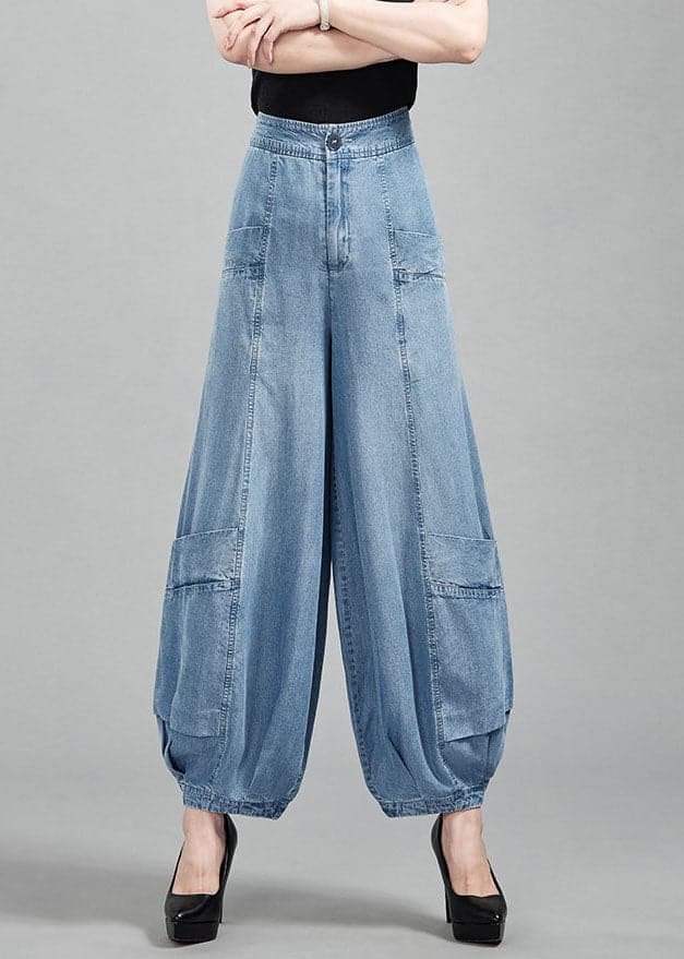Fashion Light Blue High Waist Pockets Cotton Denim Lantern Pants Summer nz-LPTS220524