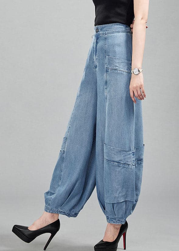 Fashion Light Blue High Waist Pockets Cotton Denim Lantern Pants Summer nz-LPTS220524