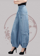 Fashion Light Blue High Waist Pockets Cotton Denim Lantern Pants Summer nz-LPTS220524