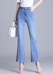 Fashion Light Blue High Waist Slim Pockets Side Open Cotton Denim Flare Pants Summer NZ-CPTS220715