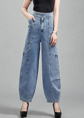 Fashion Light Blue Pockets Patchwork Cotton Denim Lantern Pants Trousers Spring nz-LPTS220526