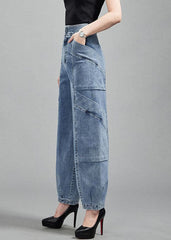 Fashion Light Blue Pockets Patchwork Cotton Denim Lantern Pants Trousers Spring nz-LPTS220526