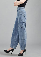 Fashion Light Blue Pockets Patchwork Cotton Denim Lantern Pants Trousers Spring nz-LPTS220526