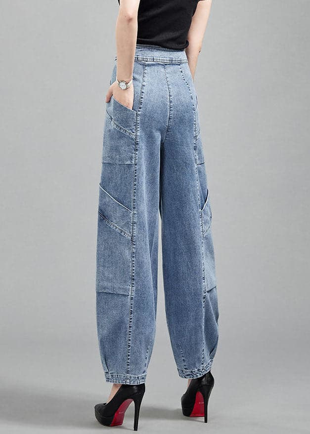 Fashion Light Blue Pockets Patchwork Cotton Denim Lantern Pants Trousers Spring nz-LPTS220526