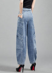 Fashion Light Blue Pockets Patchwork Cotton Denim Lantern Pants Trousers Spring nz-LPTS220526