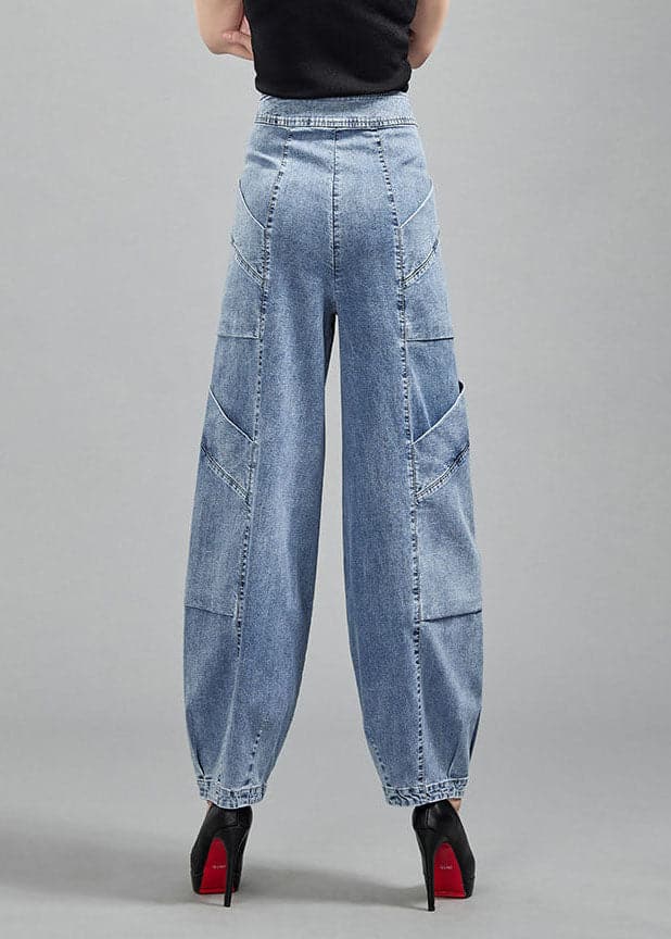 Fashion Light Blue Pockets Patchwork Cotton Denim Lantern Pants Trousers Spring nz-LPTS220526